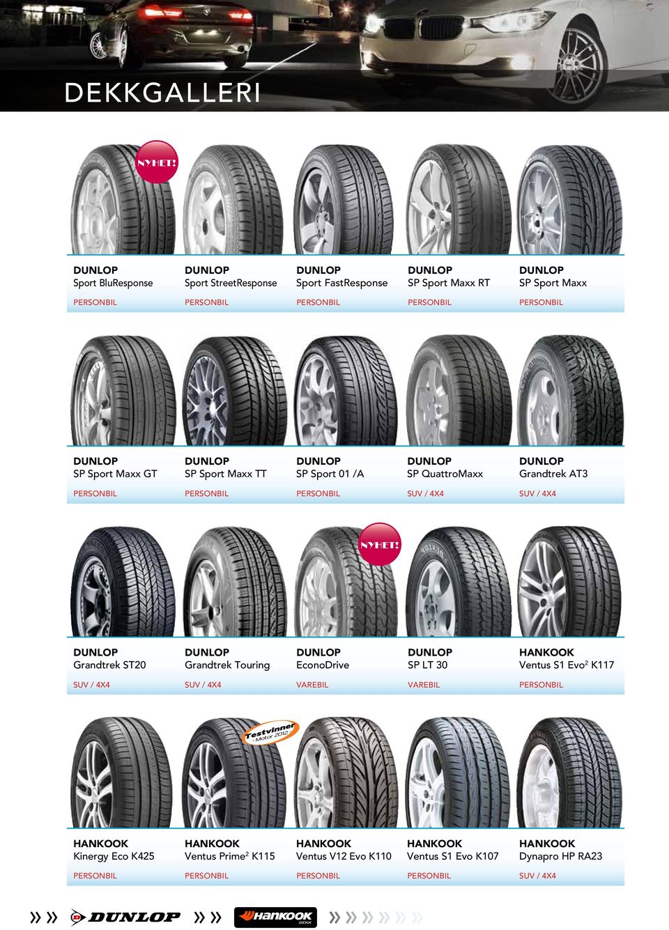 GT Dunlop SP Sport Maxx TT Dunlop SP Sport 01 /A Dunlop SP QuattroMaxx Dunlop Grandtrek AT3 SUV / 4x4 SUV / 4x4 Nyhet!