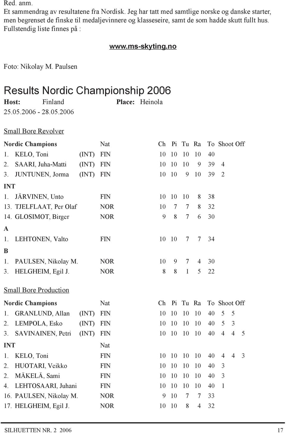 2006-28.05.2006 Small ore Revolver Nordic Champions Nat Ch Pi Tu Ra To Shoot Off 1. KELO, Toni (INT) FIN 10 10 10 10 40 2. SRI, Juha-Matti (INT) FIN 10 10 10 9 39 4 3.