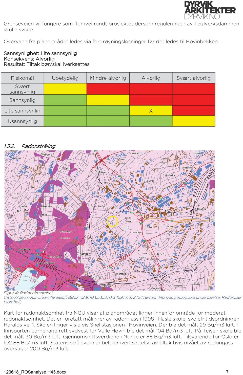 Usannsynlig 1.3.2. Radonstråling Figur 4: Radonaktsomhet (http://geo.ngu.no/kart/arealis/?&box=123610:6535370:345977:6727247&map=norges.geologiske.unders.kelse:.radon.