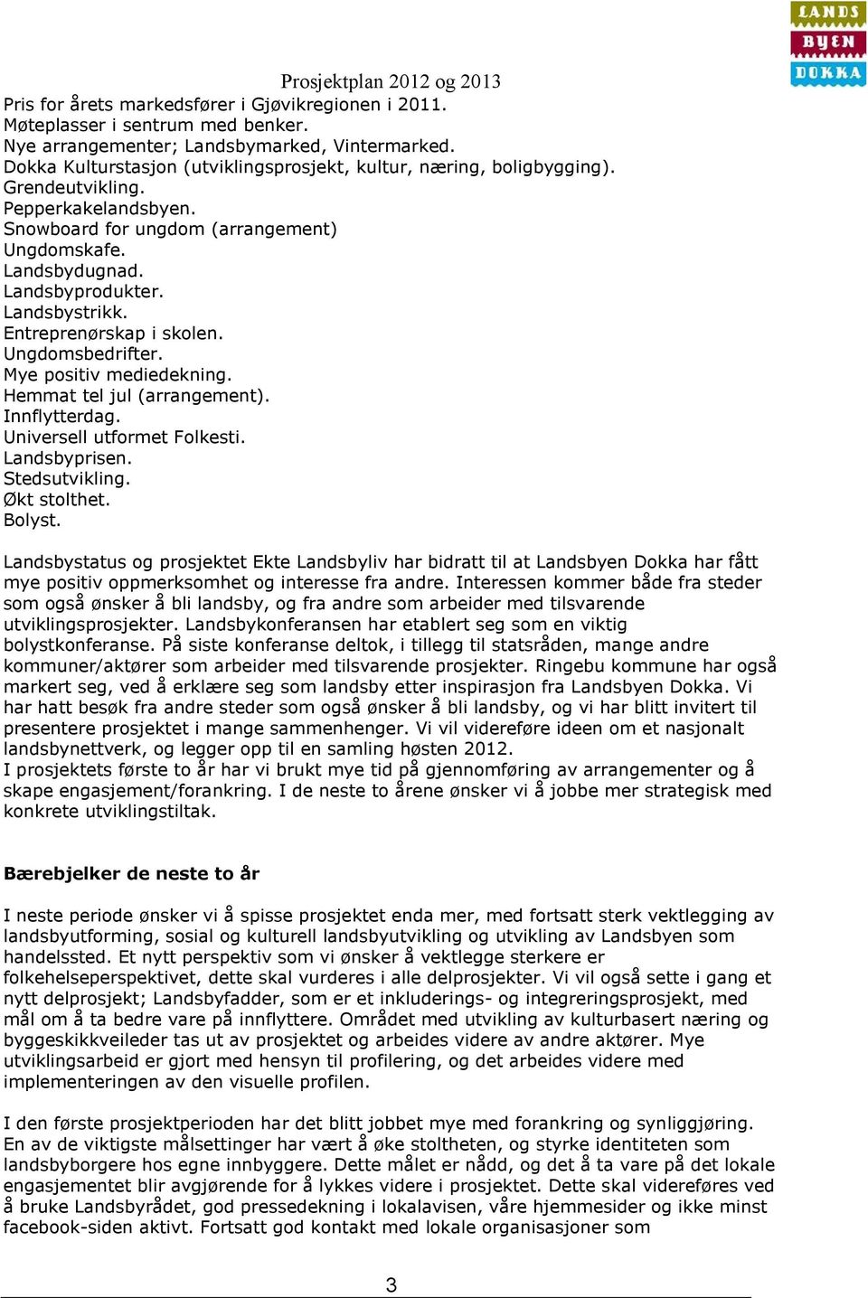 Landsbystrikk. Entreprenørskap i skolen. Ungdomsbedrifter. Mye positiv mediedekning. Hemmat tel jul (arrangement). Innflytterdag. Universell utformet Folkesti. Landsbyprisen. Stedsutvikling.