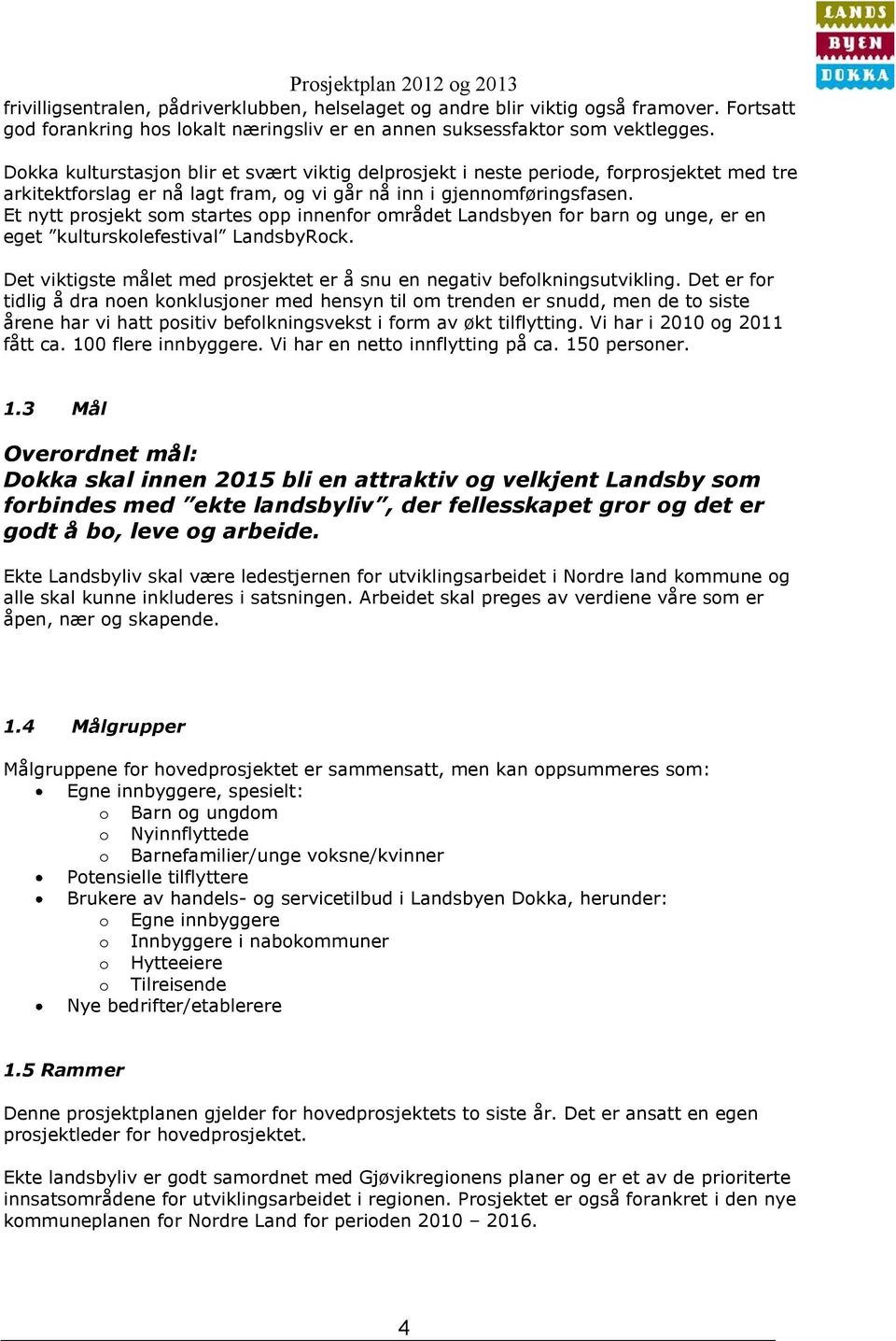 Et nytt prosjekt som startes opp innenfor området Landsbyen for barn og unge, er en eget kulturskolefestival LandsbyRock. Det viktigste målet med prosjektet er å snu en negativ befolkningsutvikling.