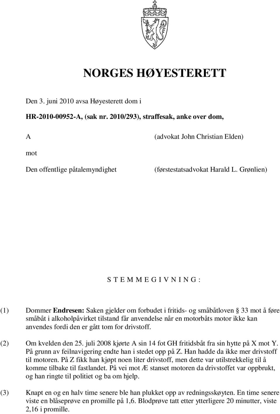 Grønlien) S T E M M E G I V N I N G : (1) Dommer Endresen: Saken gjelder om forbudet i fritids- og småbåtloven 33 mot å føre småbåt i alkoholpåvirket tilstand får anvendelse når en motorbåts motor