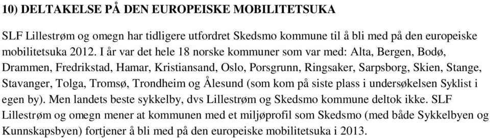 Stavanger, Tolga, Tromsø, Trondheim og Ålesund (som kom på siste plass i undersøkelsen Syklist i egen by).