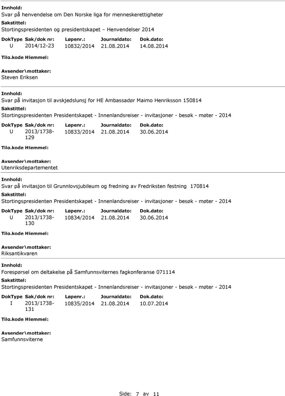 2014 tenriksdepartementet Svar på invitasjon til Grunnlovsjubileum og fredning av Fredriksten festning 170814 130