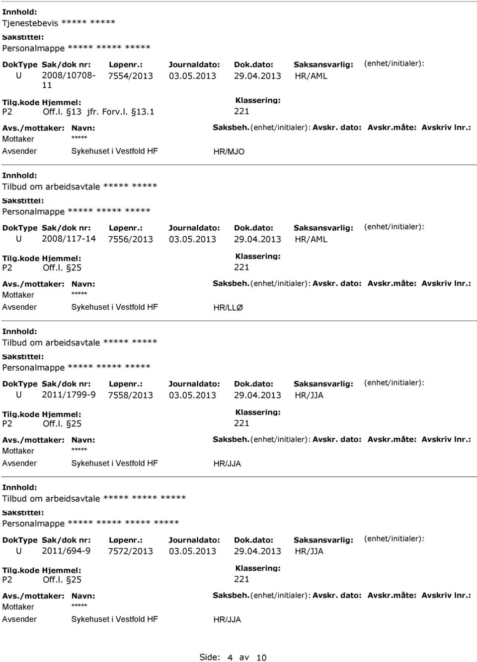 måte: Avskriv lnr.: HR/LLØ Tilbud om arbeidsavtale 2011/1799-9 7558/2013 Avs./mottaker: Navn: Saksbeh. Avskr. dato: Avskr.