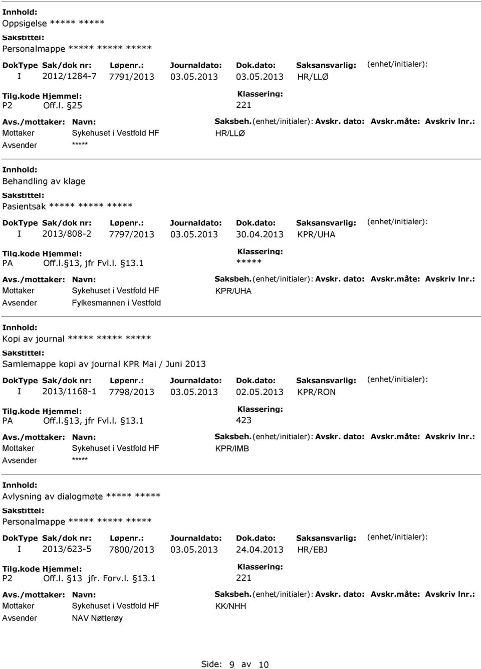 : Mottaker KPR/HA Fylkesmannen i Vestfold Kopi av journal Samlemappe kopi av journal KPR Mai / Juni 2013 2013/1168-1 7798/2013 02.05.2013 KPR/RON 423 Avs.