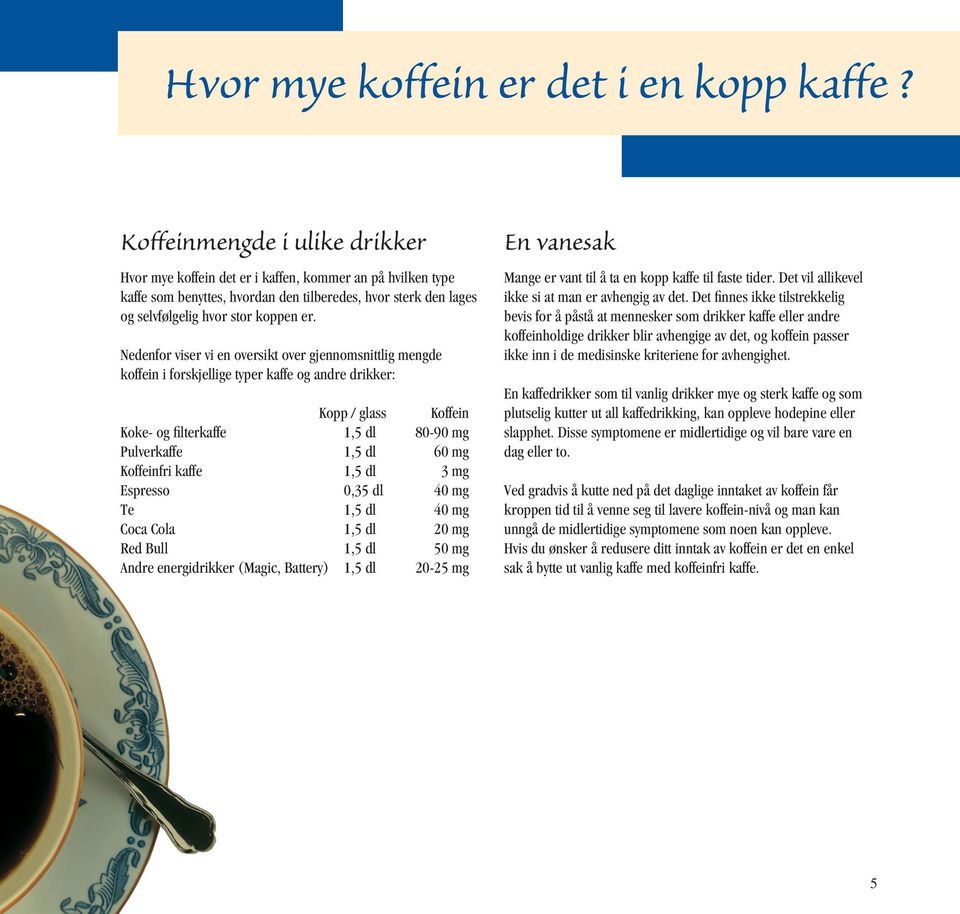 Nedenfor viser vi en oversikt over gjennomsnittlig mengde koffein i forskjellige typer kaffe og andre drikker: Kopp / glass Koffein Koke- og filterkaffe 1,5 dl 80-90 mg Pulverkaffe 1,5 dl 60 mg