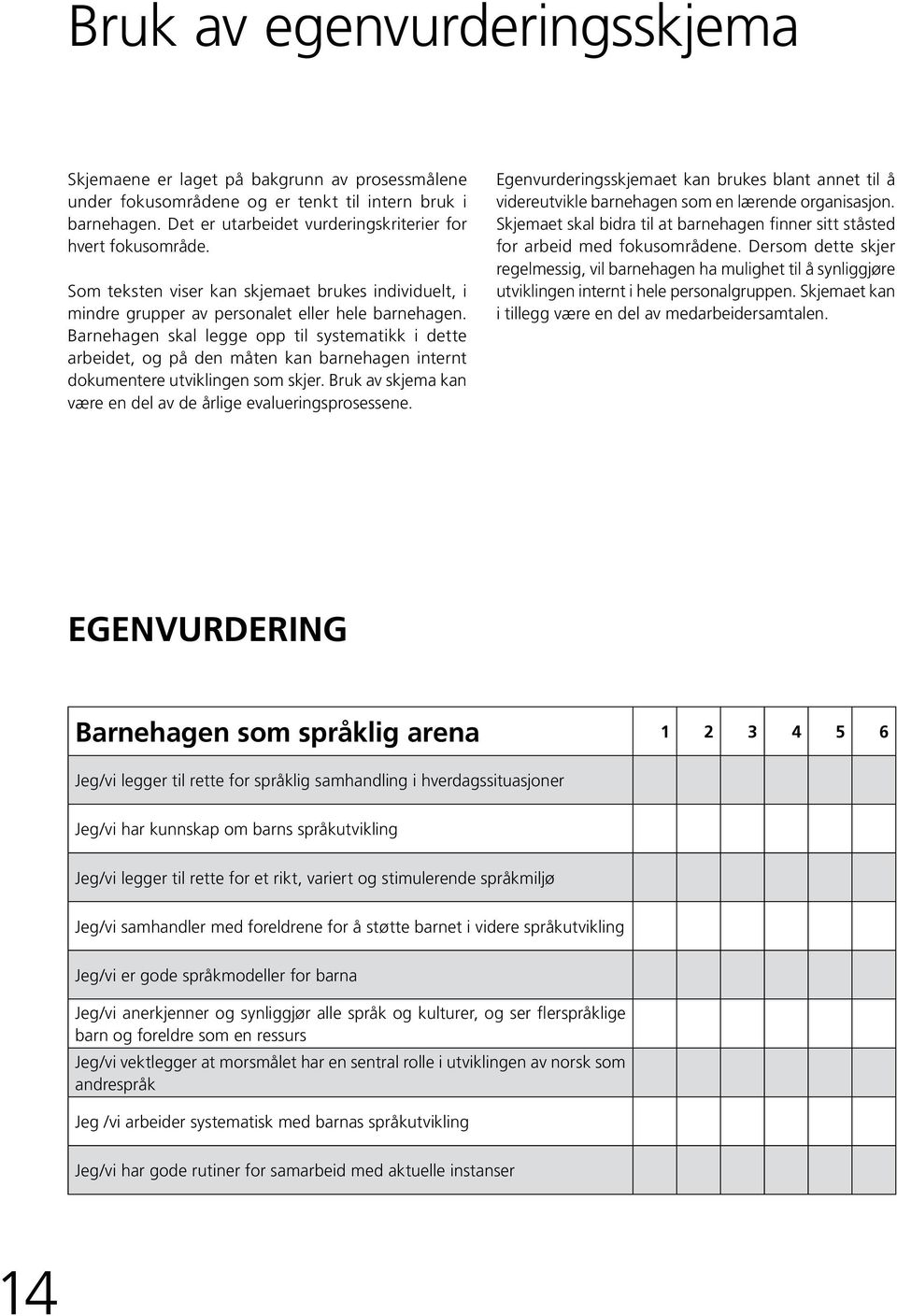 Barnehagen skal legge opp til systematikk i dette arbeidet, og på den måten kan barnehagen internt dokumentere utviklingen som skjer. Bruk av skjema kan være en del av de årlige evalueringsprosessene.