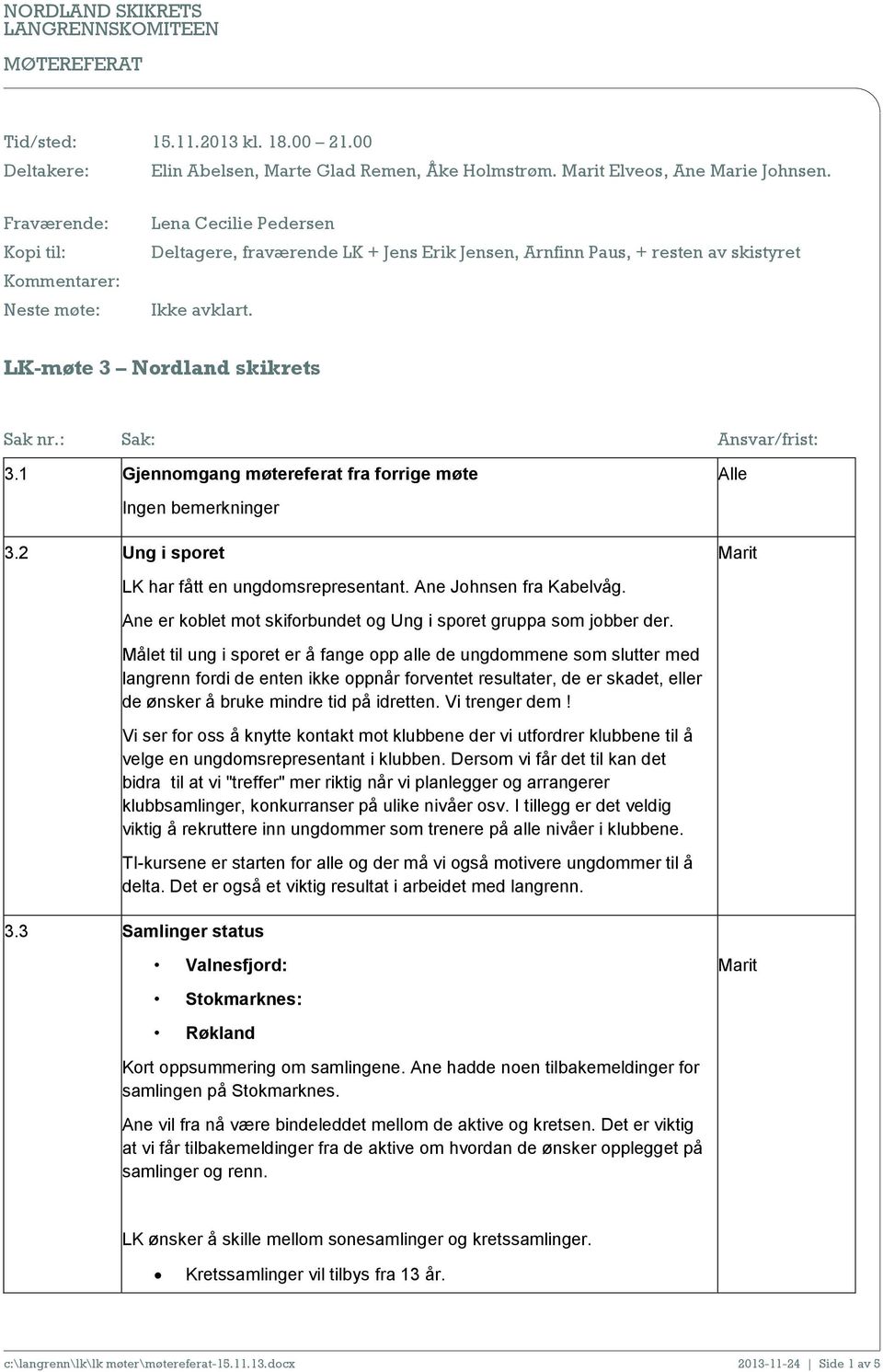 1 Gjennomgang møtereferat fra forrige møte Ingen bemerkninger 3.2 Ung i sporet LK har fått en ungdomsrepresentant. Ane Johnsen fra Kabelvåg.