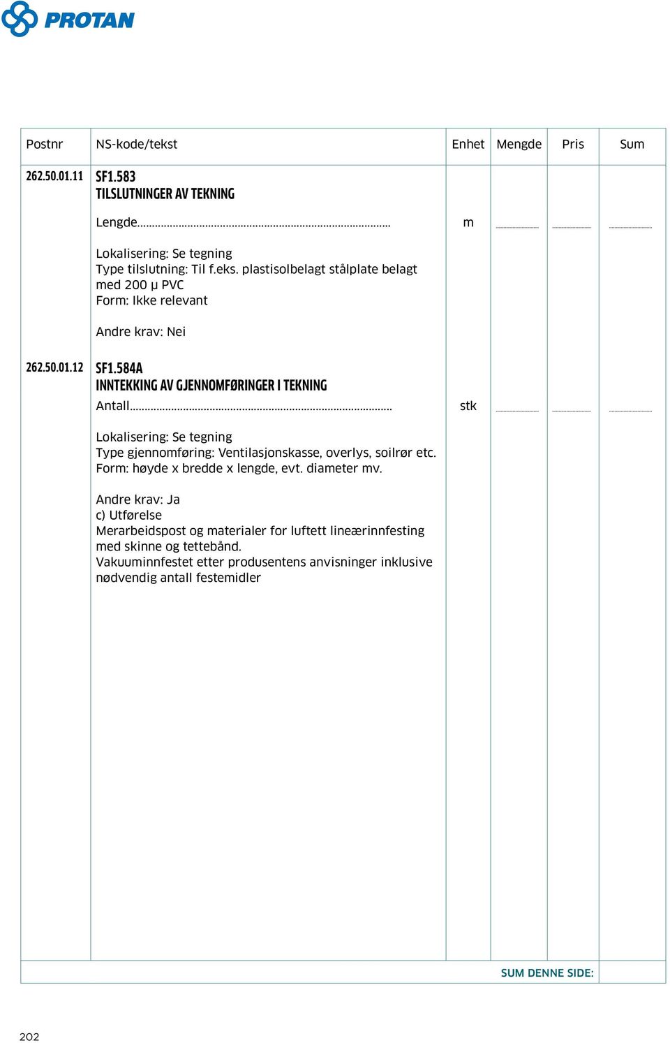 584A INNTEKKING AV GJENNOMFØRINGER I TEKNING Lokalisering: Se tegning Type gjennomføring: Ventilasjonskasse, overlys, soilrør etc.