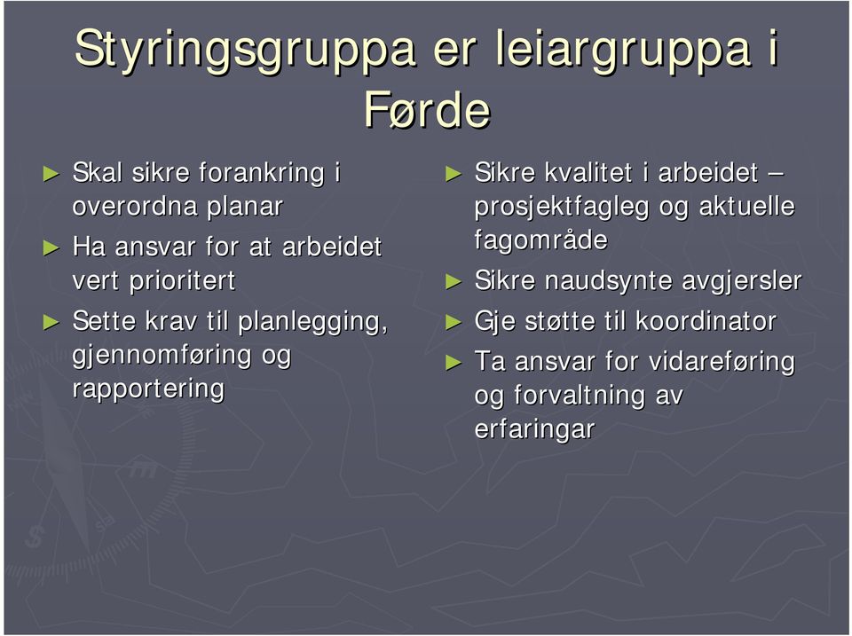 Sikre kvalitet i arbeidet prosjektfagleg og aktuelle fagområde Sikre naudsynte avgjersler