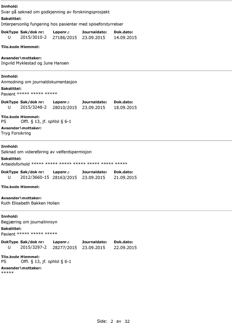 2015 ngvild Myklestad og June Hansen Anmodning om journaldokumentasjon asient 2015/3248-2 28010/2015 Tryg