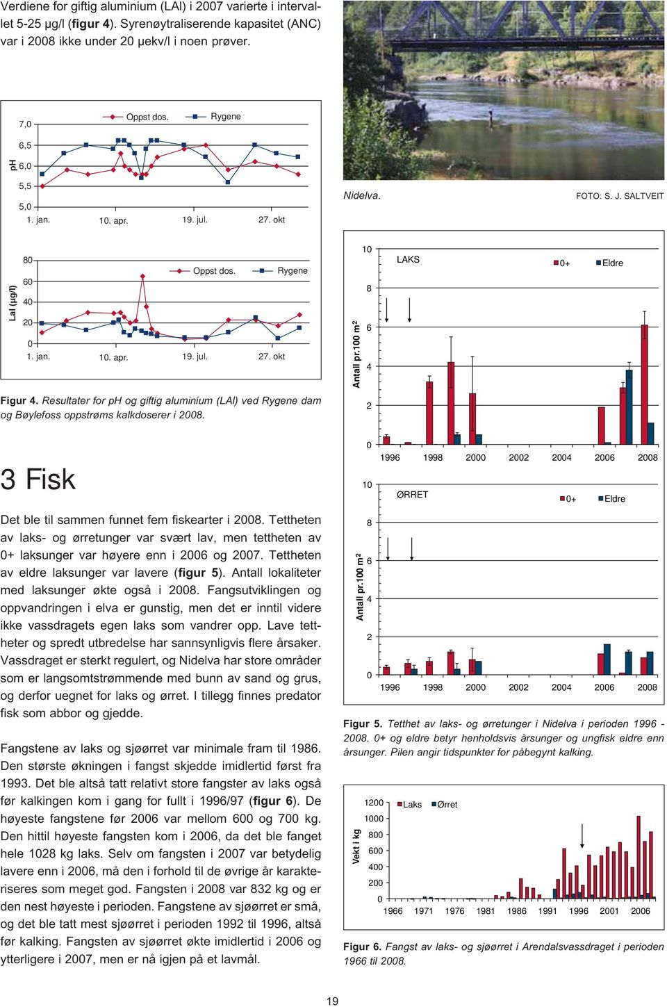 Resultater for ph og giftig aluminium (LAl) ved Rygene dam og Bøylefoss oppstrøms kalkdoserer i 28. 2 3 Fisk 1 1996 1998 2 22 24 26 28 ØRRET + Eldre Det ble til sammen funnet fem fiskearter i 28.
