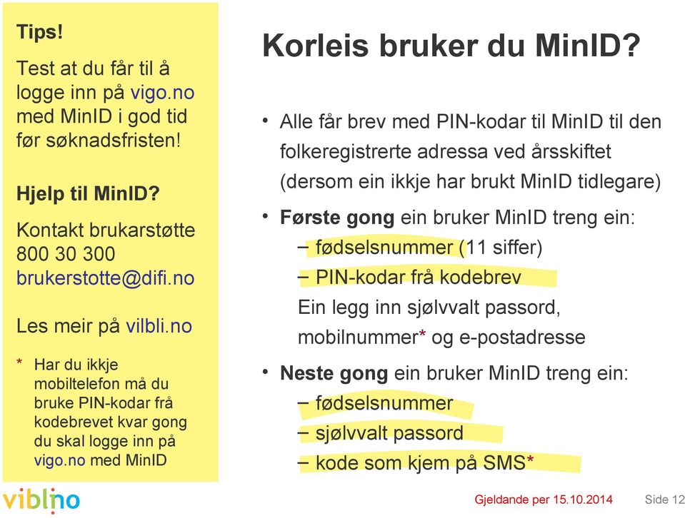 Alle får brev med PIN-kodar til MinID til den folkeregistrerte adressa ved årsskiftet (dersom ein ikkje har brukt MinID tidlegare) Første gong ein bruker MinID treng ein: