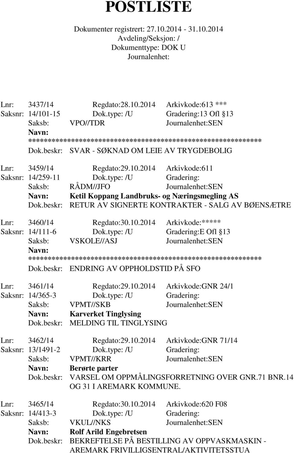 2014 Arkivkode:***** Saksnr: 14/111-6 Dok.type: /U Gradering:E Ofl 13 Dok.beskr: ENDRING AV OPPHOLDSTID PÅ SFO Lnr: 3461/14 Regdato:29.10.2014 Arkivkode:GNR 24/1 Saksnr: 14/365-3 Dok.