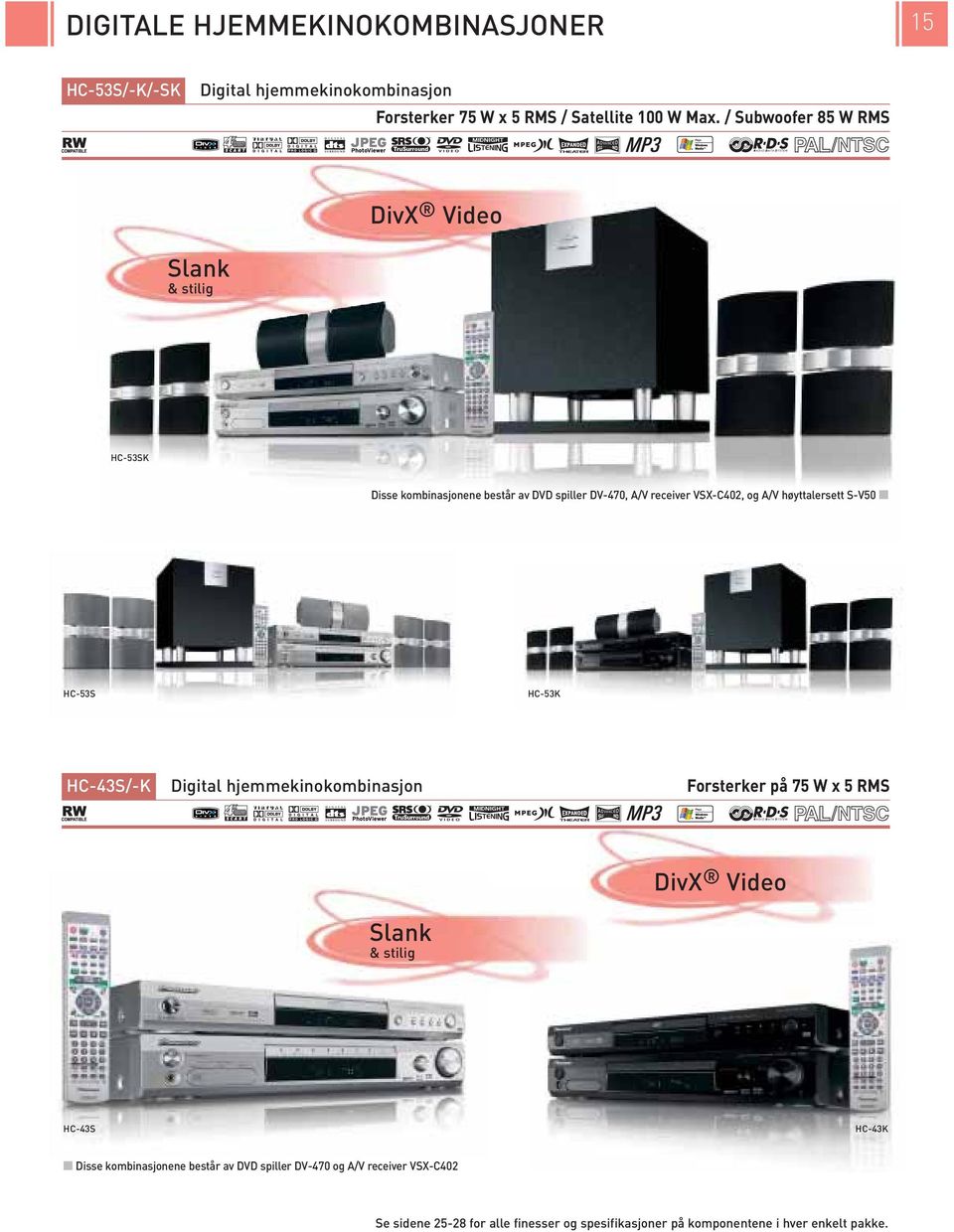 høyttalersett S-V50 HC-53S HC-53K HC-43S/-K Digital hjemmekinokombinasjon Forsterker på 75 W x 5 RMS SkP O yb/a DivX Video Slank & stilig HC-43S