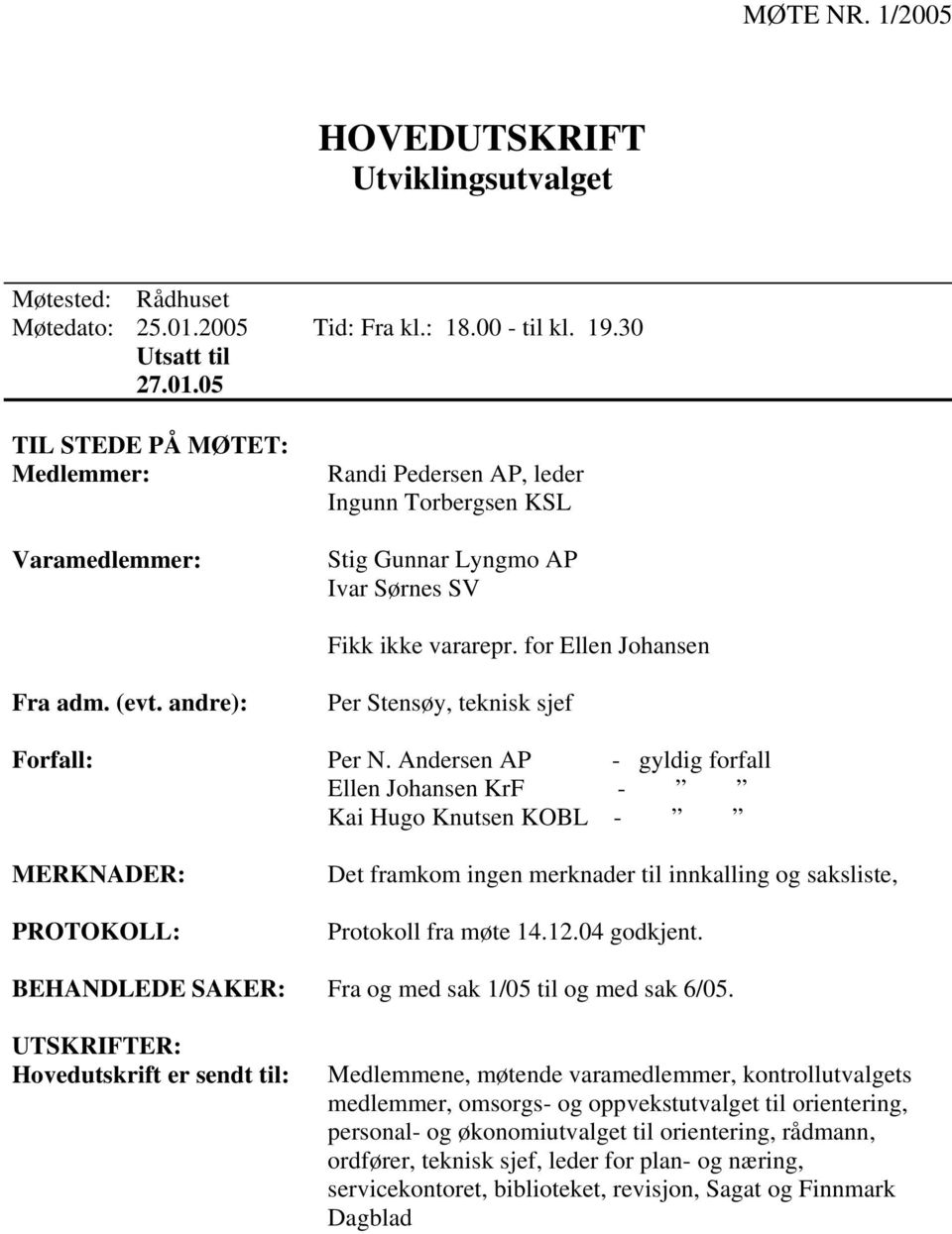 Andersen AP - gyldig forfall Ellen Johansen KrF - Kai Hugo Knutsen KOBL - MERKNADER: PROTOKOLL: Det framkom ingen merknader til innkalling og saksliste, Protokoll fra møte 14.12.04 godkjent.