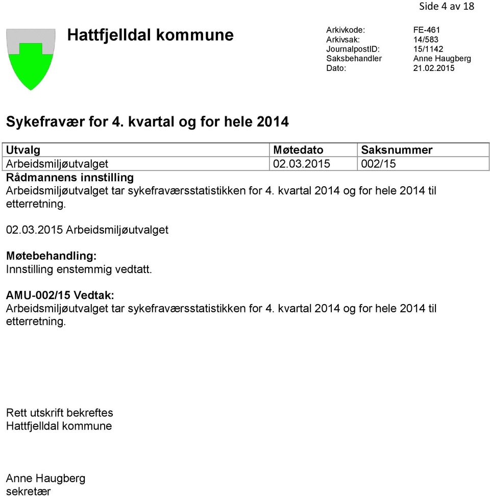 2015 002/15 Rådmannens innstilling Arbeidsmiljøutvalget tar sykefraværsstatistikken for 4. kvartal 2014 og for hele 2014 til etterretning. 02.