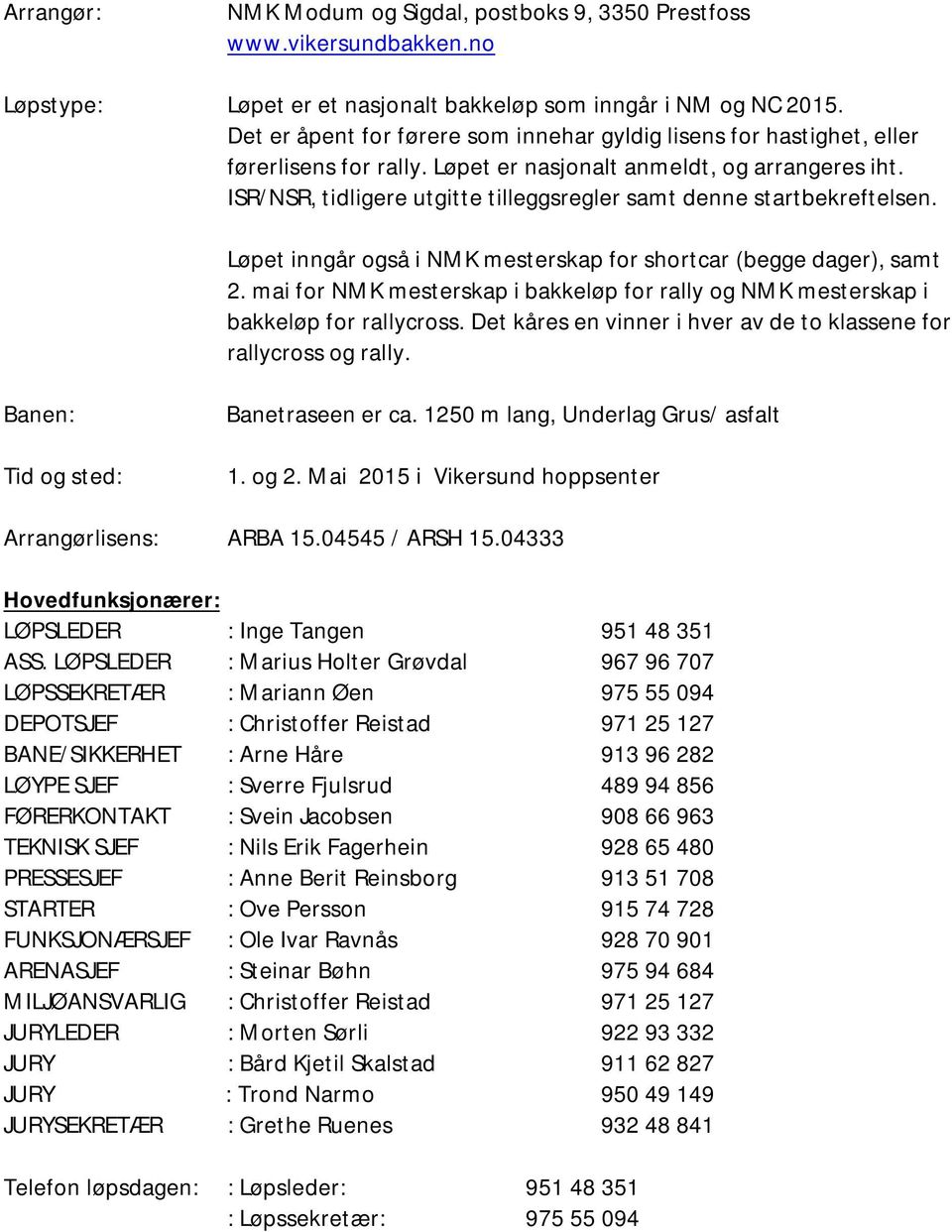 ISR/NSR, tidligere utgitte tilleggsregler samt denne startbekreftelsen. Løpet inngår også i NMK mesterskap for shortcar (begge dager), samt 2.