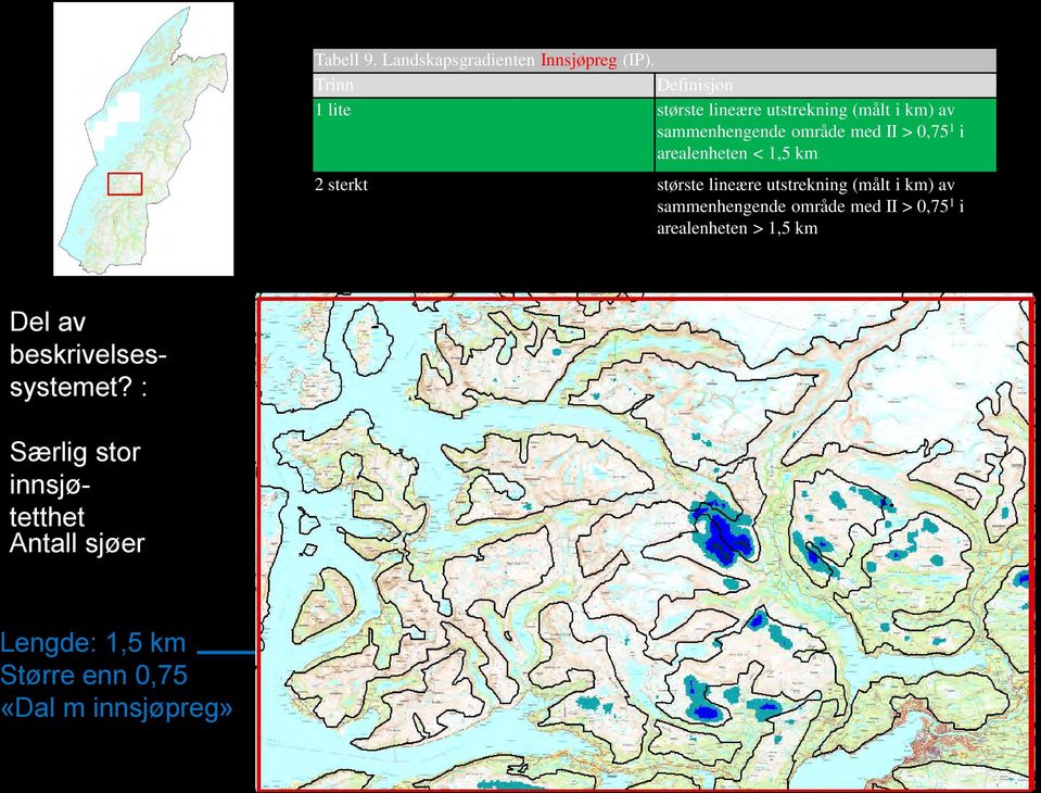 1 i arealenheten < 1,5 km 2 sterkt største lineære utstrekning (målt i km) av sammenhengende område