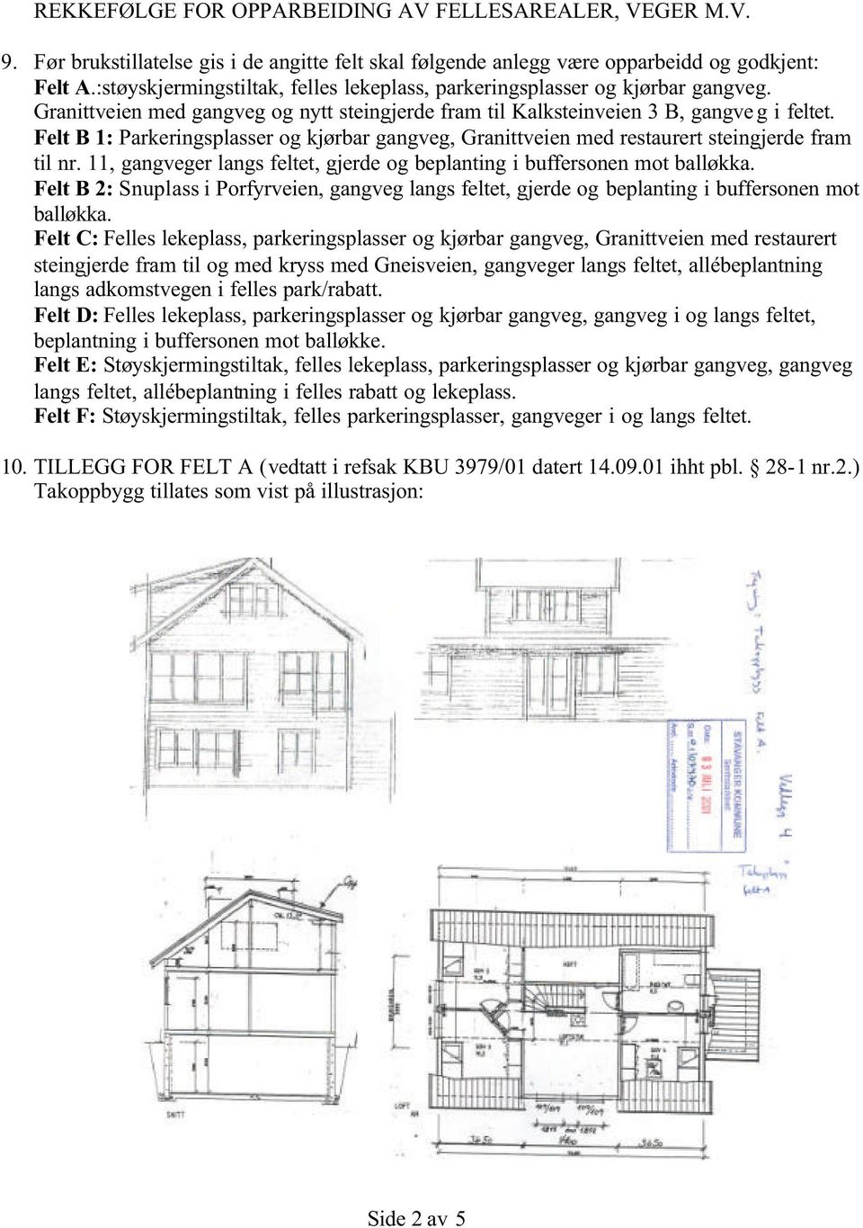 Felt B 1: Parkeringsplasser og kjørbar gangveg, Granittveien med restaurert steingjerde fram til nr. 11, gangveger langs feltet, gjerde og beplanting i buffersonen mot balløkka.