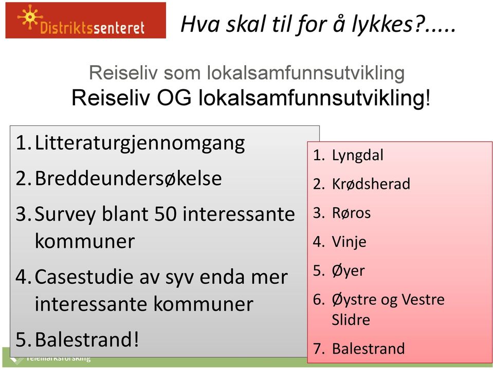 Litteraturgjennomgang 2.Breddeundersøkelse 3.Survey blant 50 interessante kommuner 4.