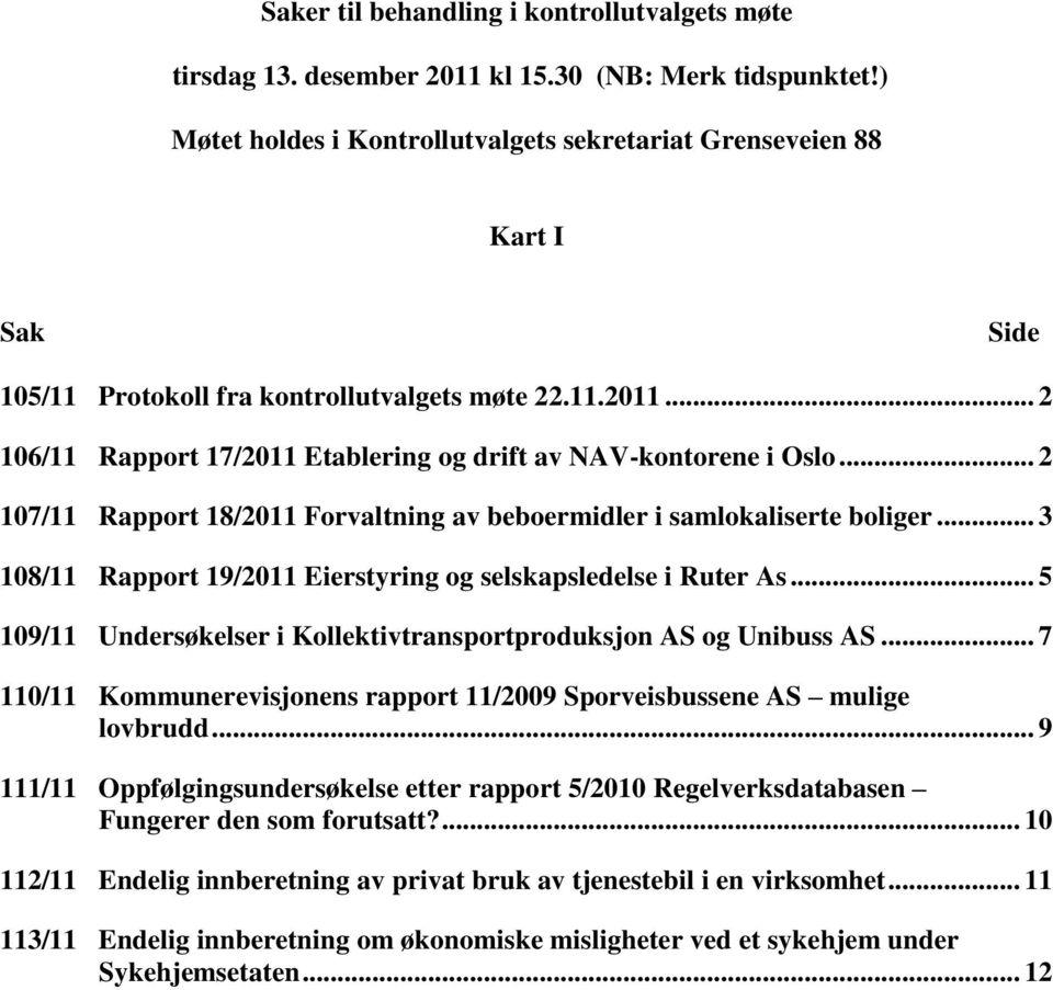 .. 2 106/11 Rapport 17/2011 Etablering og drift av NAV-kontorene i Oslo... 2 107/11 Rapport 18/2011 Forvaltning av beboermidler i samlokaliserte boliger.
