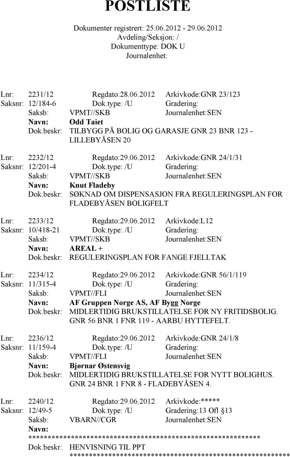 type: /U Gradering: AREAL + REGULERINGSPLAN FOR FANGE FJELLTAK Lnr: 2234/12 Regdato:29.06.2012 Arkivkode:GNR 56/1/119 Saksnr: 11/315-4 Dok.