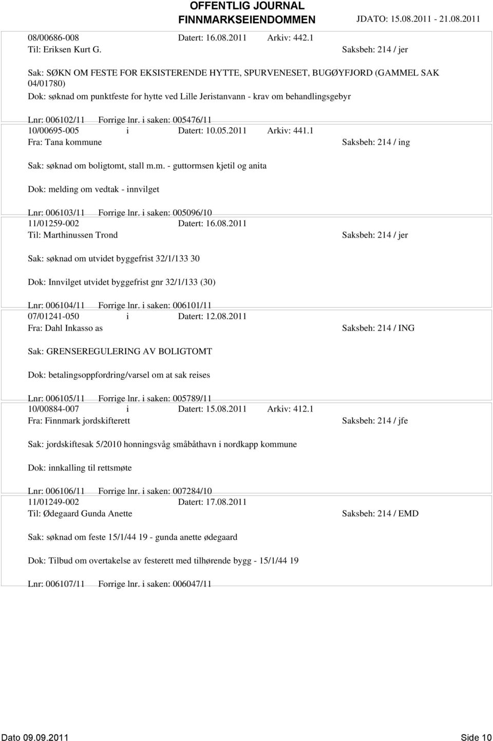 lnr. i saken: 005476/11 10/00695-005 i Datert: 10.05.2011 Arkiv: 441.1 Fra: Tana kommune Saksbeh: 214 / ing Sak: søknad om boligtomt, stall m.m. - guttormsen kjetil og anita Dok: melding om vedtak - innvilget Lnr: 006103/11 Forrige lnr.