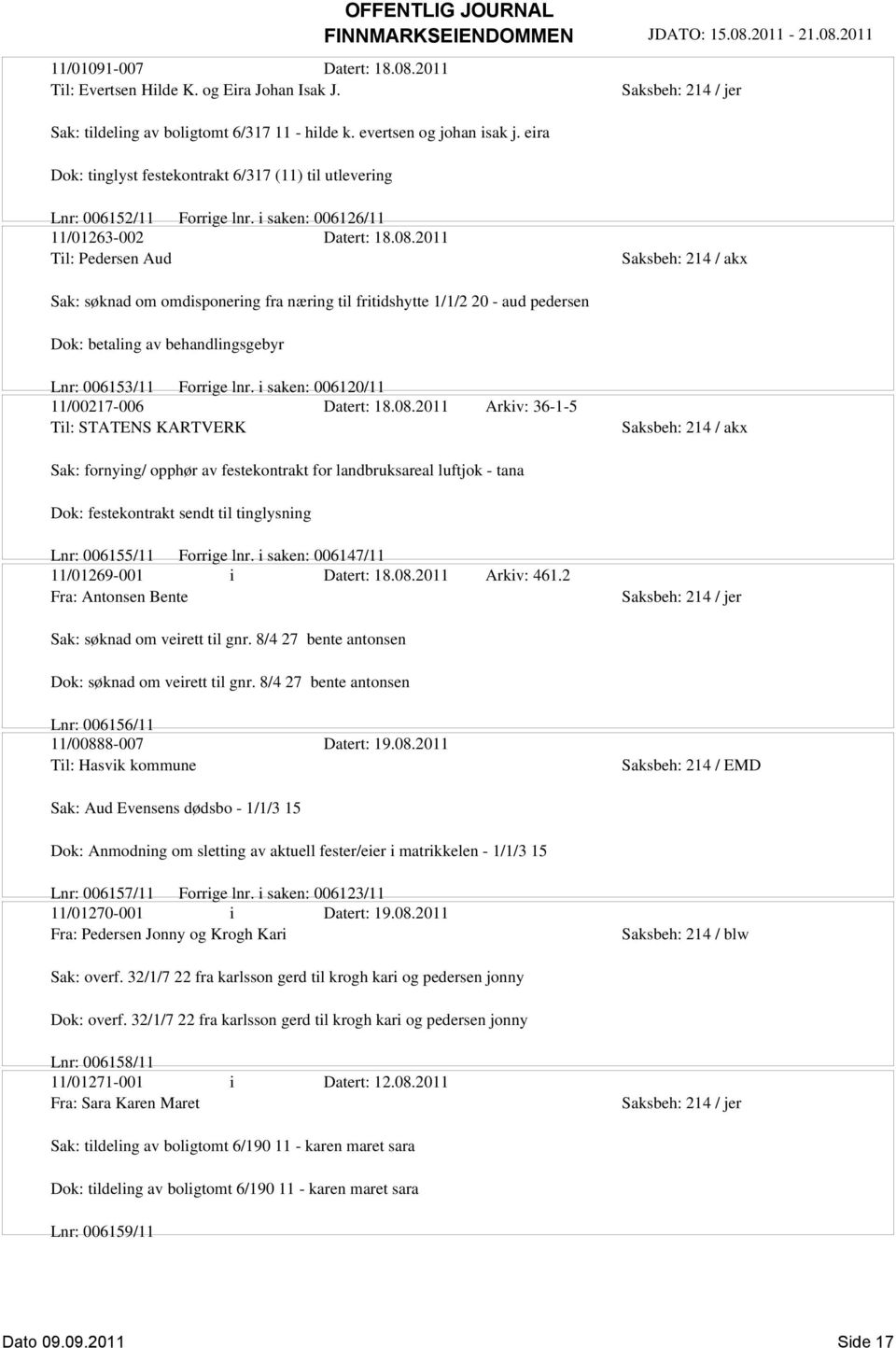 2011 Til: Pedersen Aud Sak: søknad om omdisponering fra næring til fritidshytte 1/1/2 20 - aud pedersen Dok: betaling av behandlingsgebyr Lnr: 006153/11 Forrige lnr.