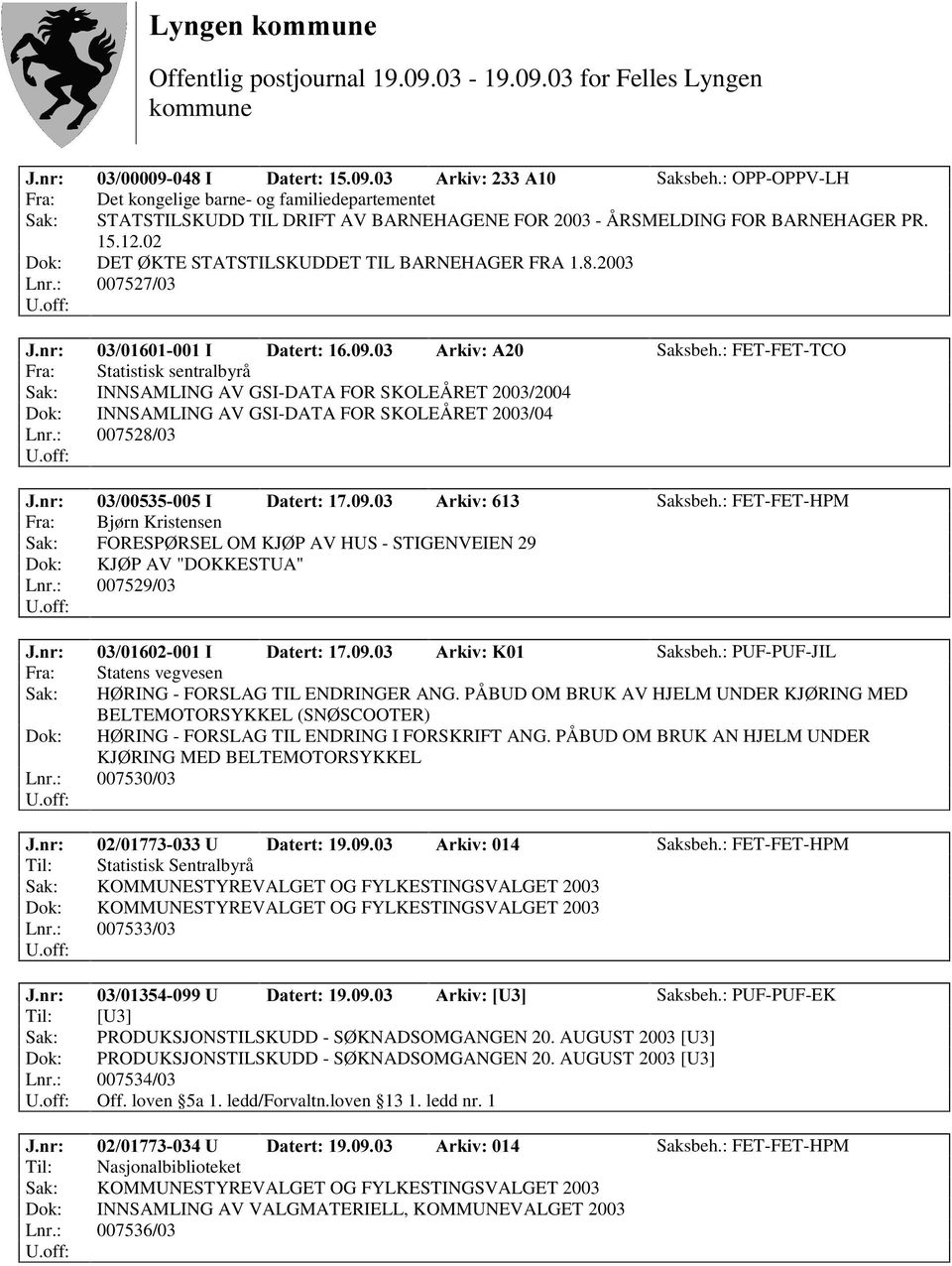 : FET-FET-TCO Fra: Statistisk sentralbyrå Sak: INNSAMLING AV GSI-DATA FOR SKOLEÅRET 2003/2004 Dok: INNSAMLING AV GSI-DATA FOR SKOLEÅRET 2003/04 Lnr.: 007528/03 -QU, 'DWHUW $UNLY Saksbeh.