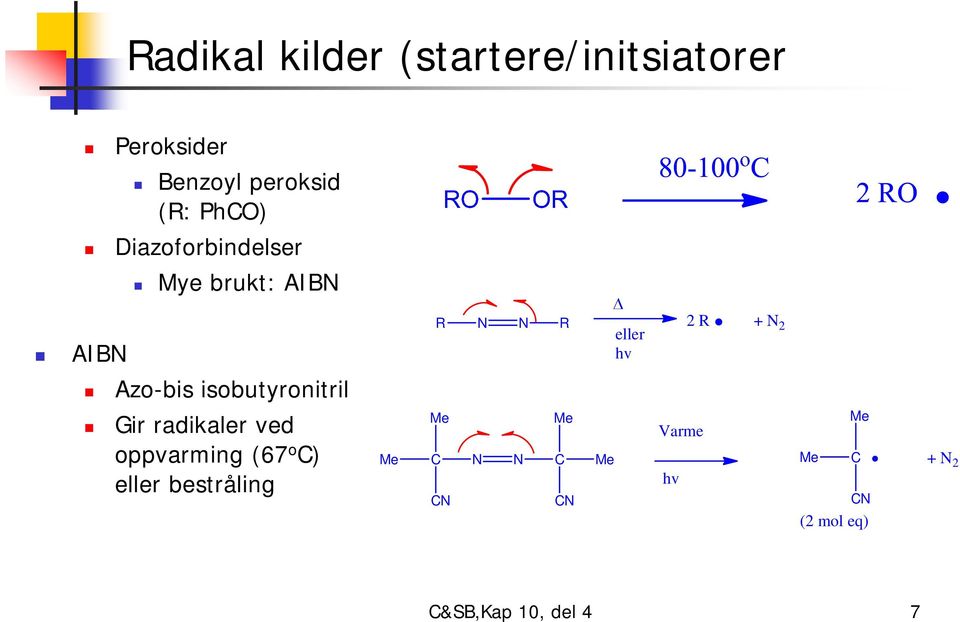 2 +N 2 hv Gir radikaler ved oppvarming (67 o C) eller bestråling Me Me C