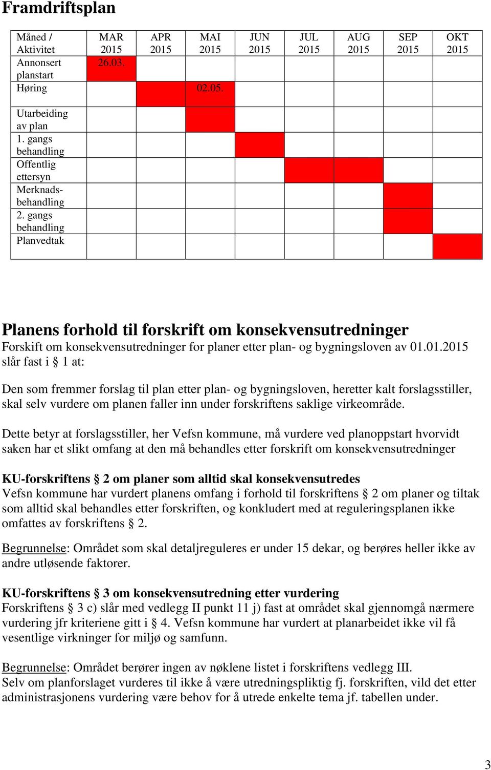 01. slår fast i 1 at: Den som fremmer forslag til plan etter plan- og bygningsloven, heretter kalt forslagsstiller, skal selv vurdere om planen faller inn under forskriftens saklige virkeområde.