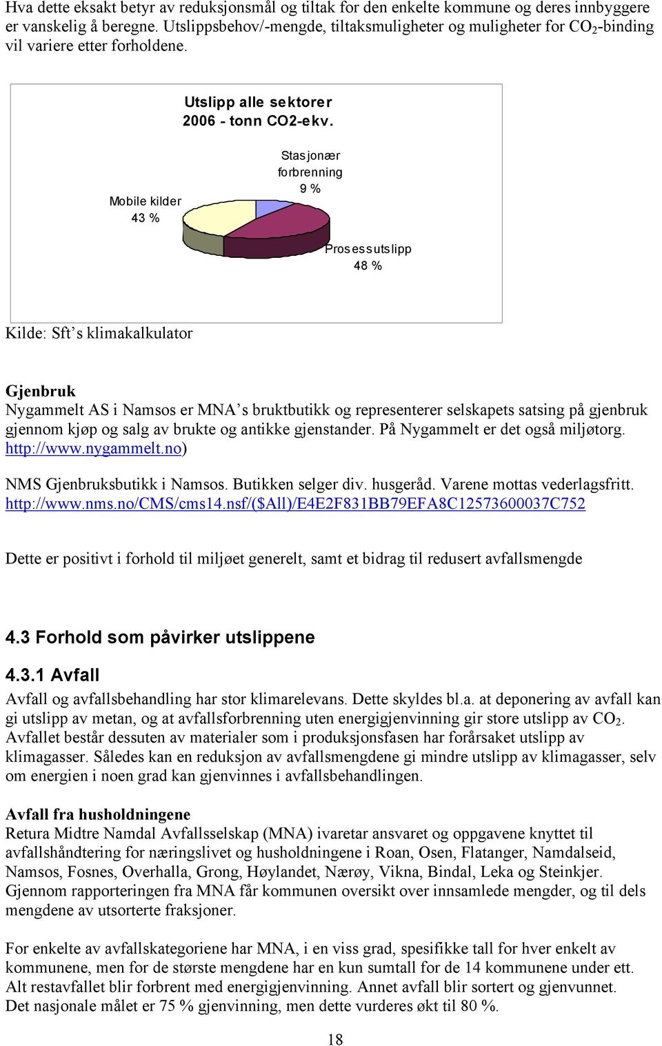 Mobile kilder 43 % Stasjonær forbrenning 9 % Prosessutslipp 48 % Kilde: Sft s klimakalkulator Gjenbruk Nygammelt AS i Namsos er MNA s bruktbutikk og representerer selskapets satsing på gjenbruk