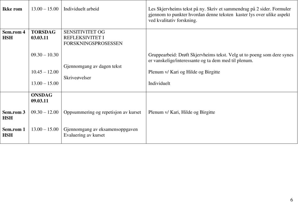 03.11 SENSITIVITET OG REFLEKSIVITET I FORSKNINGSPROSESSEN 09.30 10.30 10.45 12.00 13.00 15.