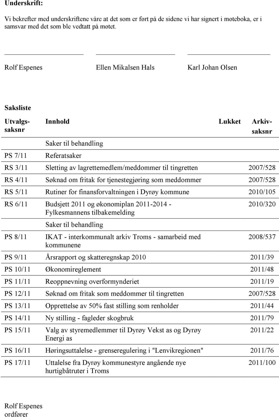 tingretten 2007/528 RS 4/11 Søknad om fritak for tjenestegjøring som meddommer 2007/528 RS 5/11 Rutiner for finansforvaltningen i Dyrøy kommune 2010/105 RS 6/11 Budsjett 2011 og økonomiplan 2011-2014