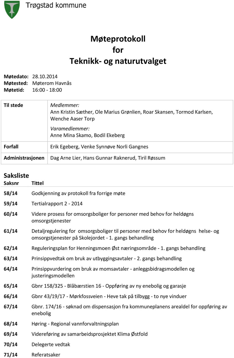 Tormod Karlsen, Wenche Aaser Torp Varamedlemmer: Anne Mina Skamo, Bodil Ekeberg Erik Egeberg, Venke Synnøve Norli Gangnes Dag Arne Lier, Hans Gunnar Raknerud, Tiril Røssum Saksliste Saksnr Tittel