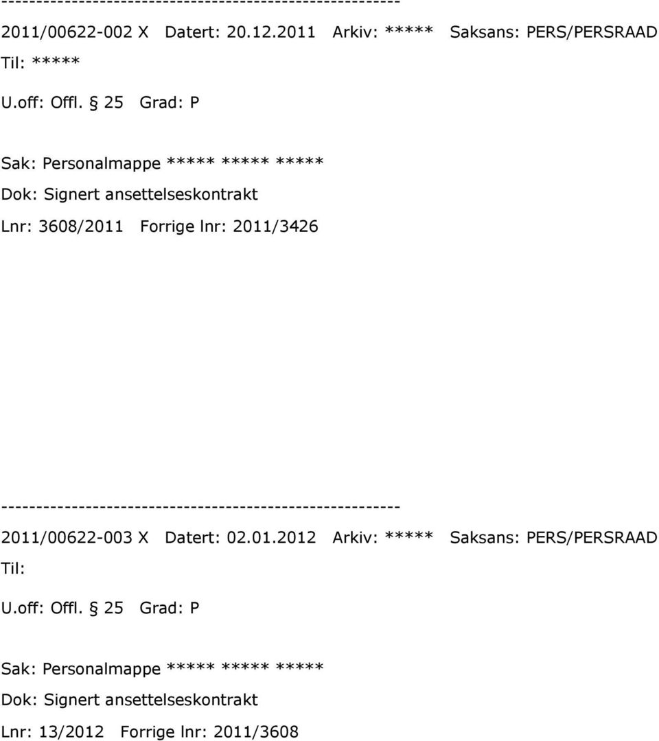 Forrige lnr: 2011/3426 2011/00622-003 X Datert: 02.01.2012 Arkiv: ***** Saksans: PERS/PERSRAAD Til: U.