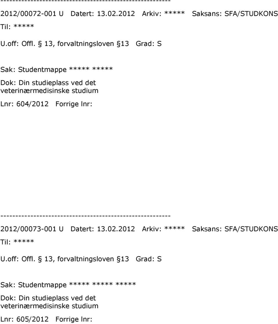 ved det veterinærmedisinske studium Lnr: 604/2012 Forrige lnr: 2012/00073-001 U Datert: 13.02.