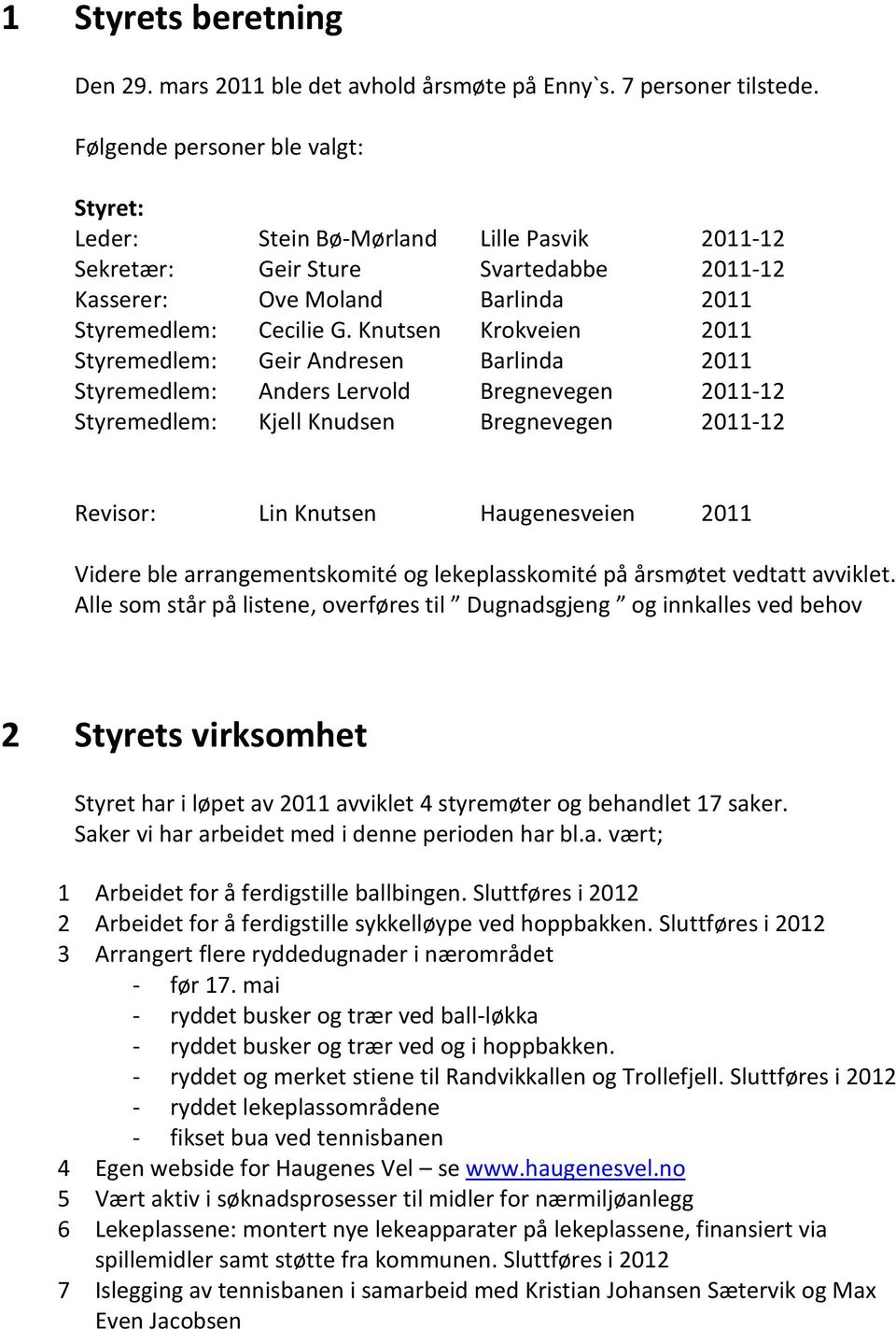 Knutsen Krokveien 2011 Styremedlem: Geir Andresen Barlinda 2011 Styremedlem: Anders Lervold Bregnevegen 2011-12 Styremedlem: Kjell Knudsen Bregnevegen 2011-12 Revisor: Lin Knutsen Haugenesveien 2011