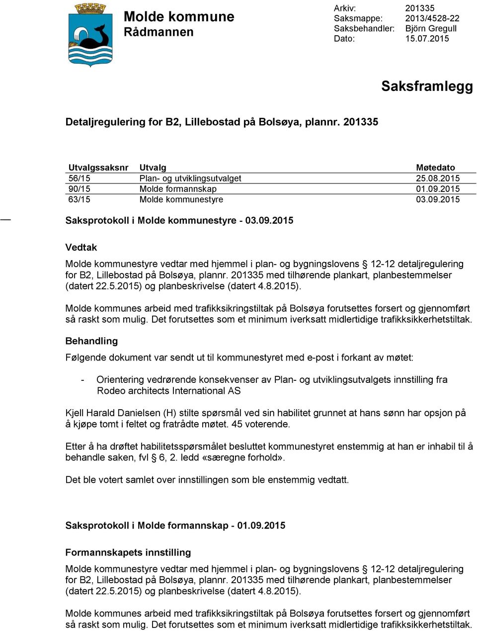 2015 63/15 Molde kommunestyre 03.09.2015 Saksprotokoll i Molde kommunestyre - 03.09.2015 Vedtak Molde kommunestyre vedtar med hjemmel i plan- og bygningslovens 12-12 detaljregulering for B2, Lillebostad på Bolsøya, plannr.