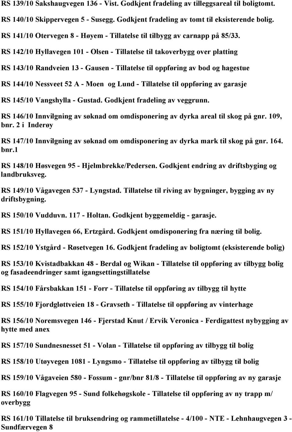 RS 142/10 Hyllavegen 101 - Olsen - Tillatelse til takoverbygg over platting RS 143/10 Randveien 13 - Gausen - Tillatelse til oppføring av bod og hagestue RS 144/10 Nessveet 52 A - Moen og Lund -