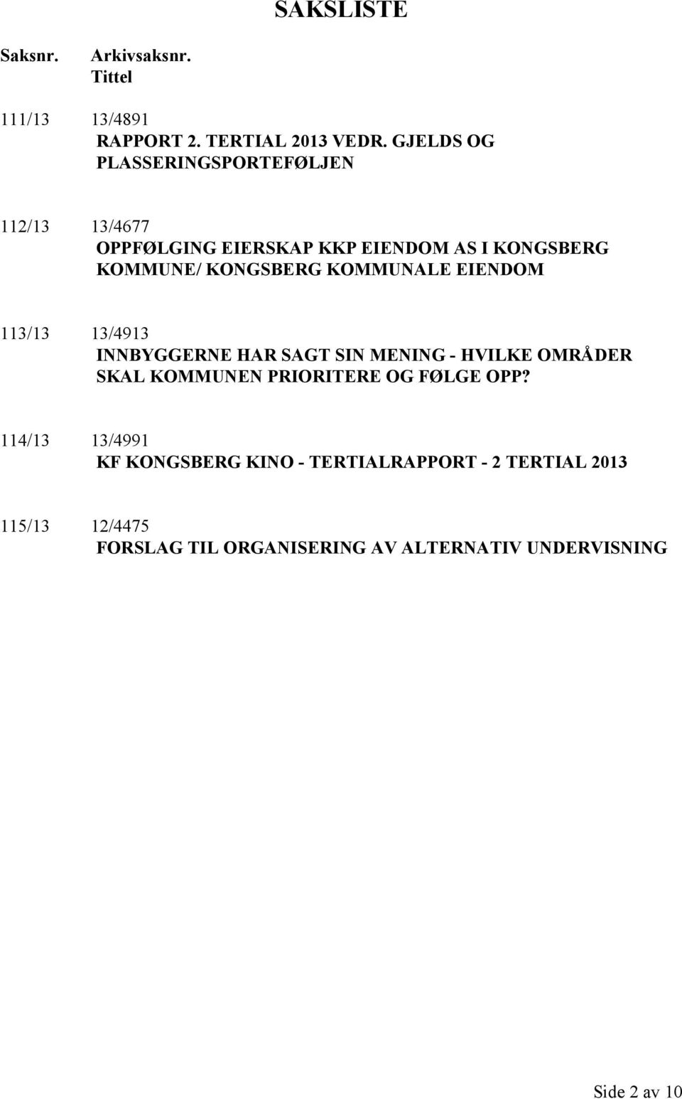 KOMMUNALE EIENDOM 113/13 13/4913 INNBYGGERNE HAR SAGT SIN MENING - HVILKE OMRÅDER SKAL KOMMUNEN PRIORITERE OG FØLGE