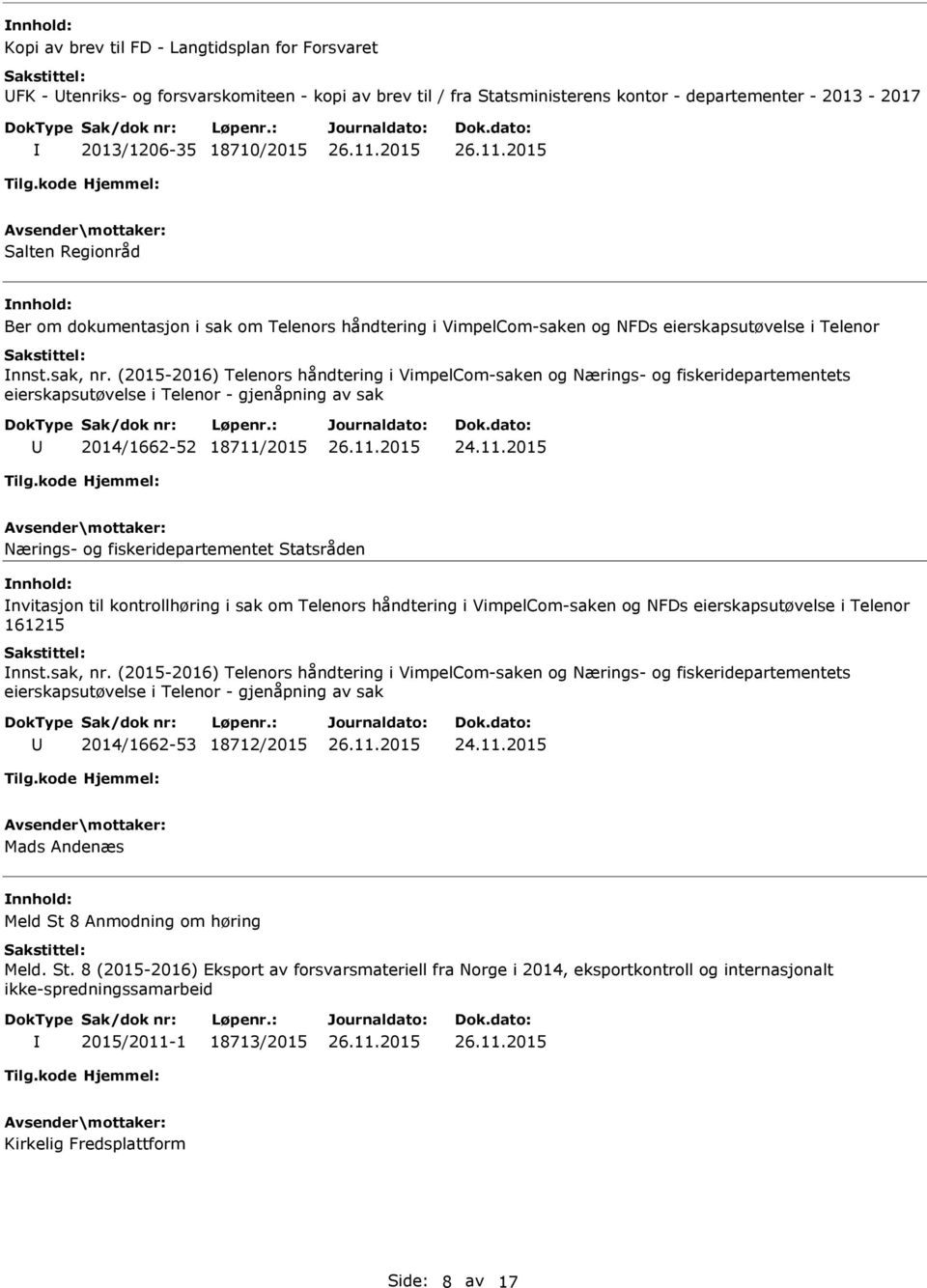 (2015-2016) Telenors håndtering i VimpelCom-saken og Nærings- og fiskeridepartementets eierskapsutøvelse i Telenor - gjenåpning av sak 2014/1662-52 18711/2015 Nærings- og fiskeridepartementet