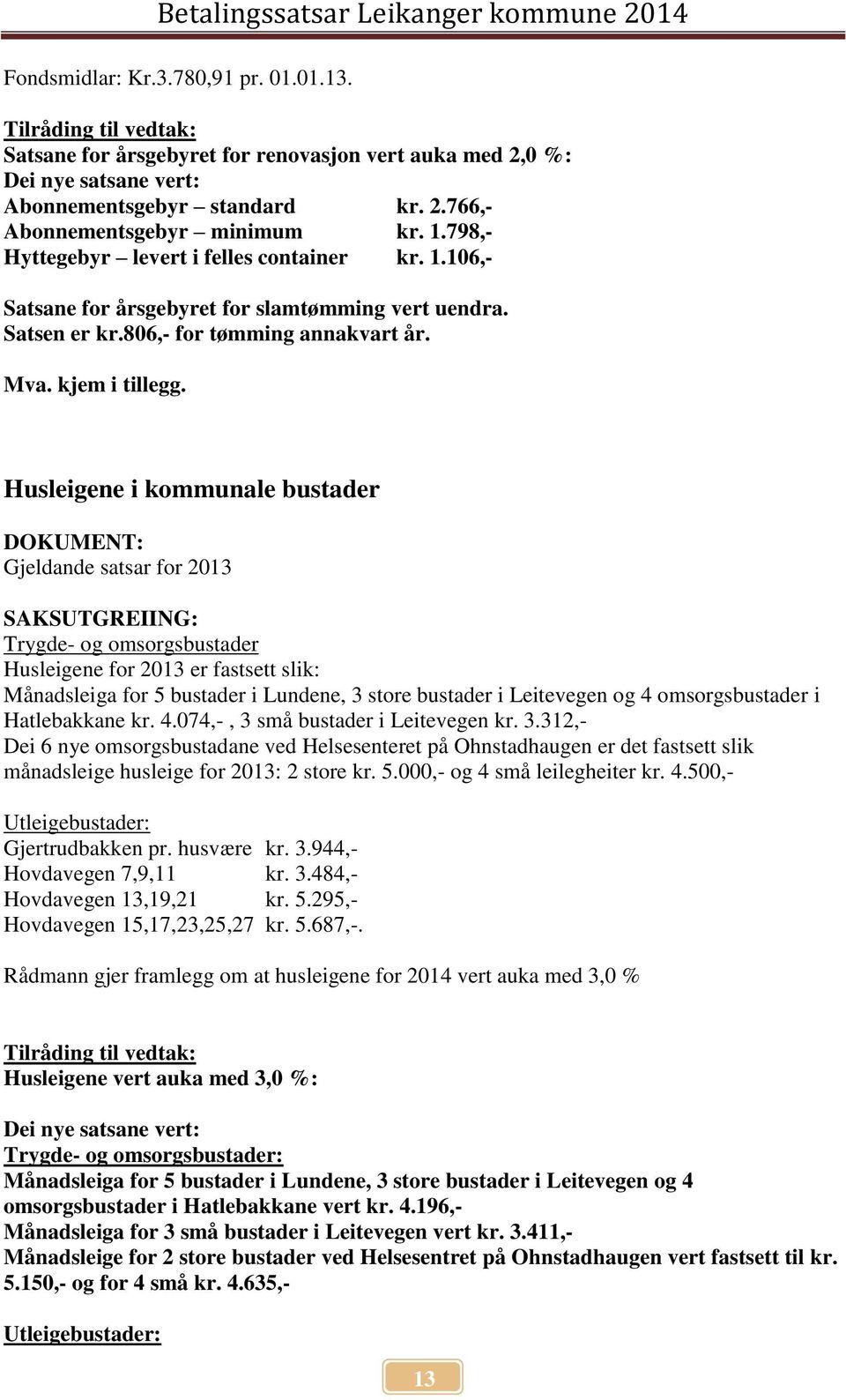 Husleigene i kommunale bustader Gjeldande satsar for 2013 Trygde- og omsorgsbustader Husleigene for 2013 er fastsett slik: Månadsleiga for 5 bustader i Lundene, 3 store bustader i Leitevegen og 4