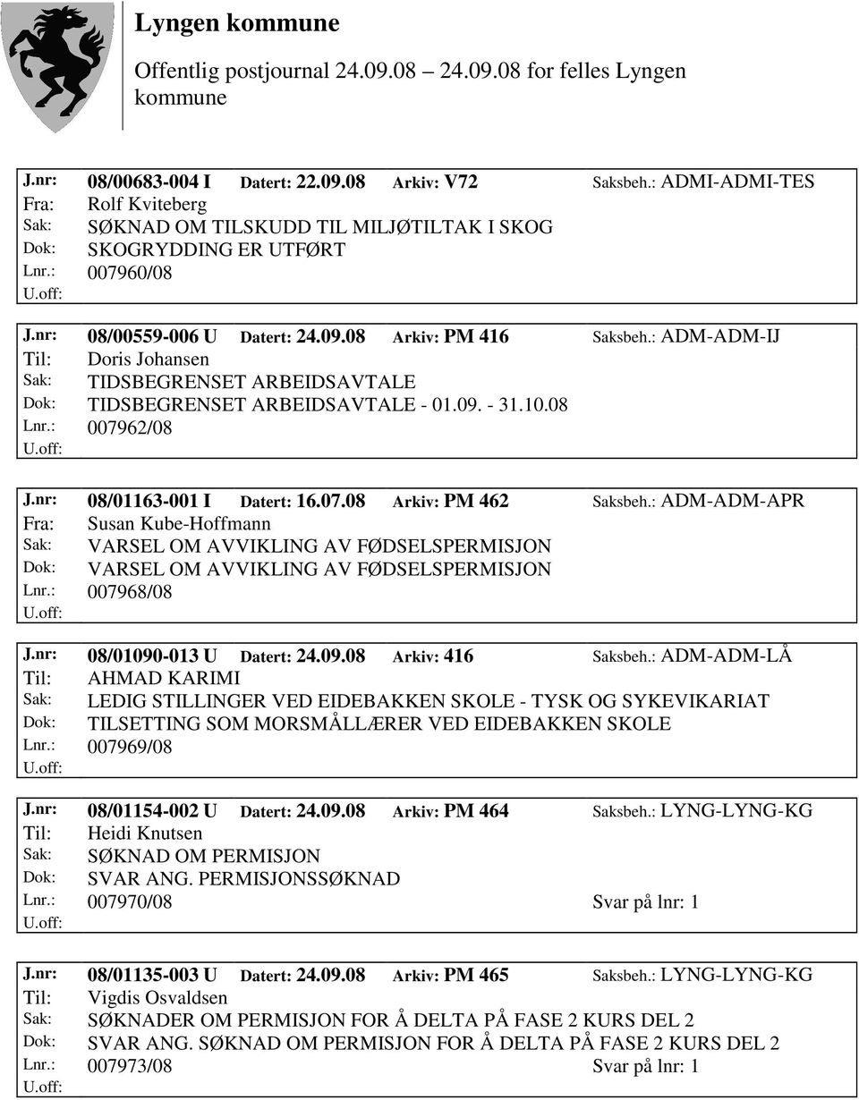 nr: 08/01163-001 I Datert: 16.07.08 Arkiv: PM 462 Saksbeh.: ADM-ADM-APR Fra: Susan Kube-Hoffmann Sak: VARSEL OM AVVIKLING AV FØDSELSPERMISJON Dok: VARSEL OM AVVIKLING AV FØDSELSPERMISJON Lnr.