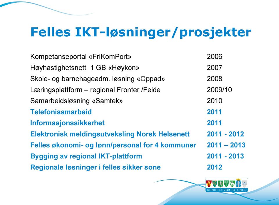 løsning «Oppad» 2008 Læringsplattform regional Fronter /Feide 2009/10 Samarbeidsløsning «Samtek» 2010 Telefonisamarbeid