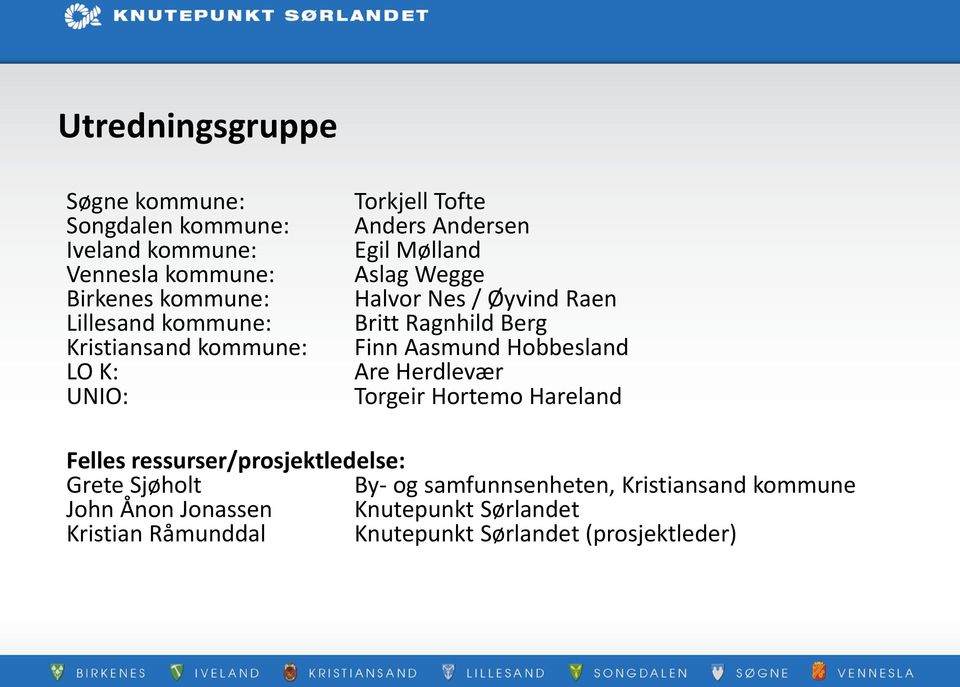 Ragnhild Berg Finn Aasmund Hobbesland Are Herdlevær Torgeir Hortemo Hareland Felles ressurser/prosjektledelse: Grete Sjøholt