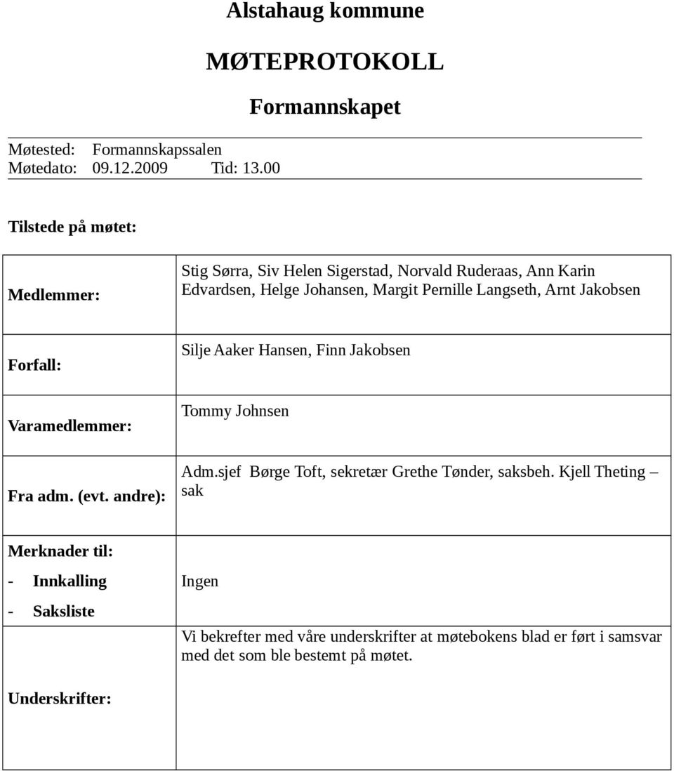 Edvardsen, Helge Johansen, Margit Pernille Langseth, Arnt Jakobsen Forfall: Varamedlemmer: Fra adm. (evt.