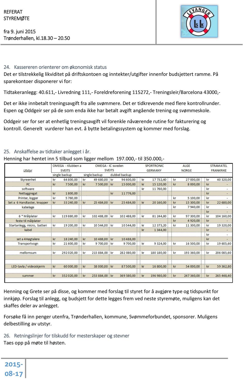 Espen og Oddgeir ser på de som enda ikke har betalt avgift angående trening og svømmeskole. Oddgeir ser for ser at enhetlig treningsavgift vil forenkle nåværende rutine for fakturering og kontroll.